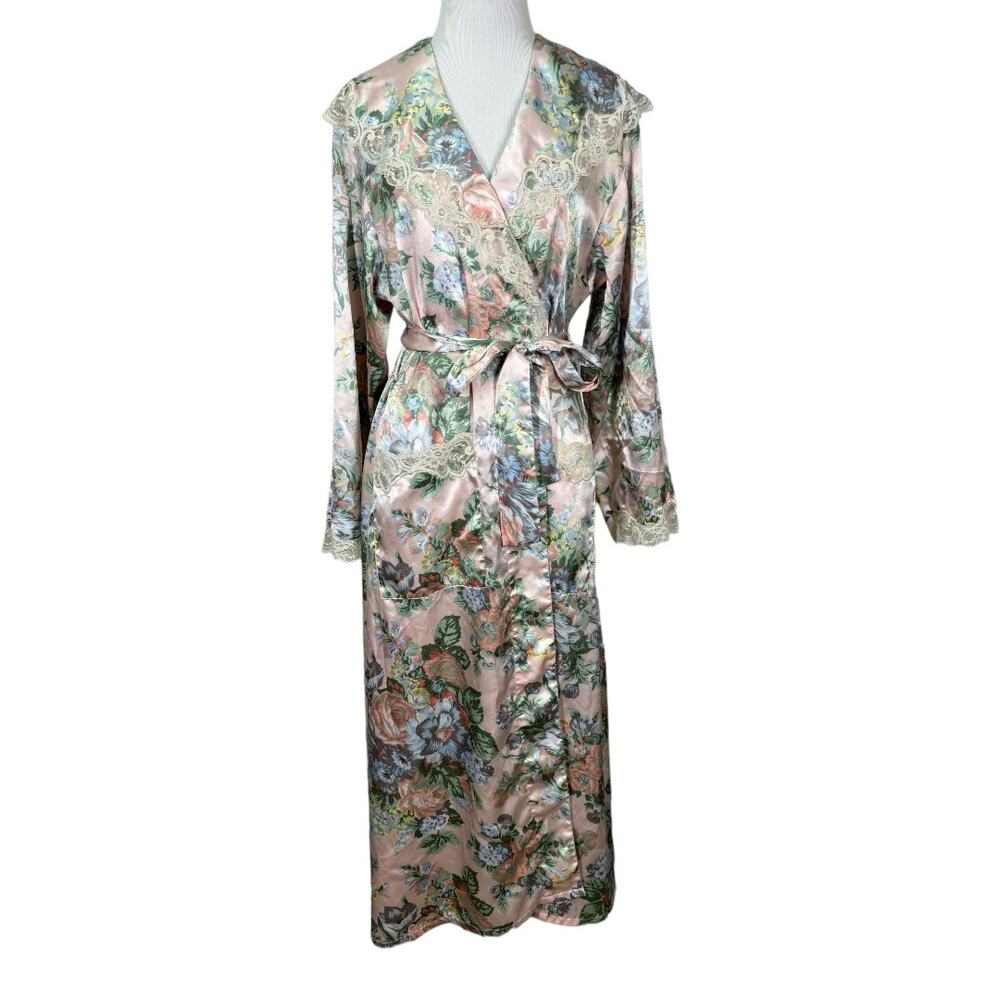 Vintage Victoria's Secret Gold Label Floral Satin Robe P/S Pink Lace Long Duster